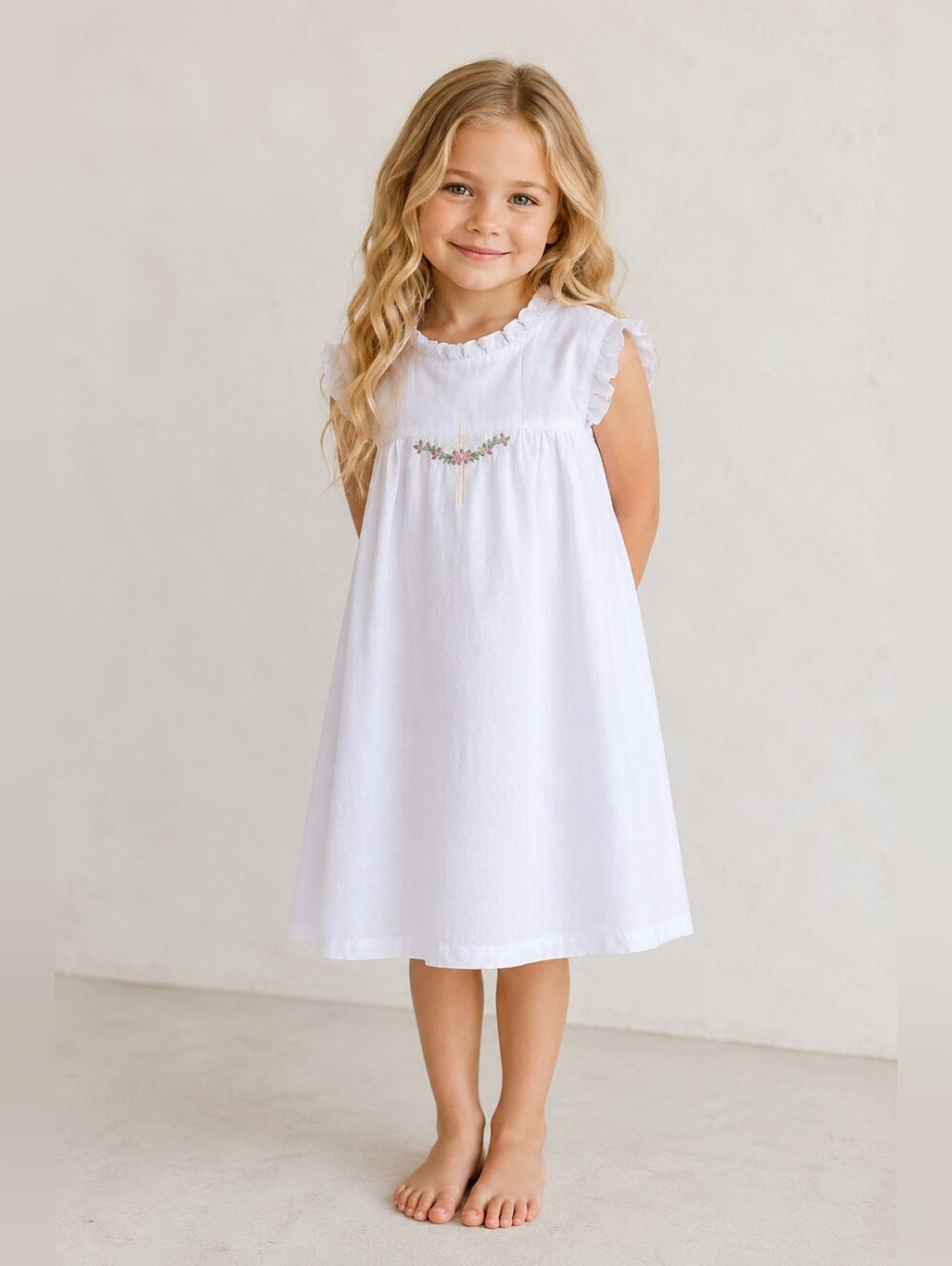 The Oaks Apparel Co Anika Floral Cross White Linen Dress – Girls 4